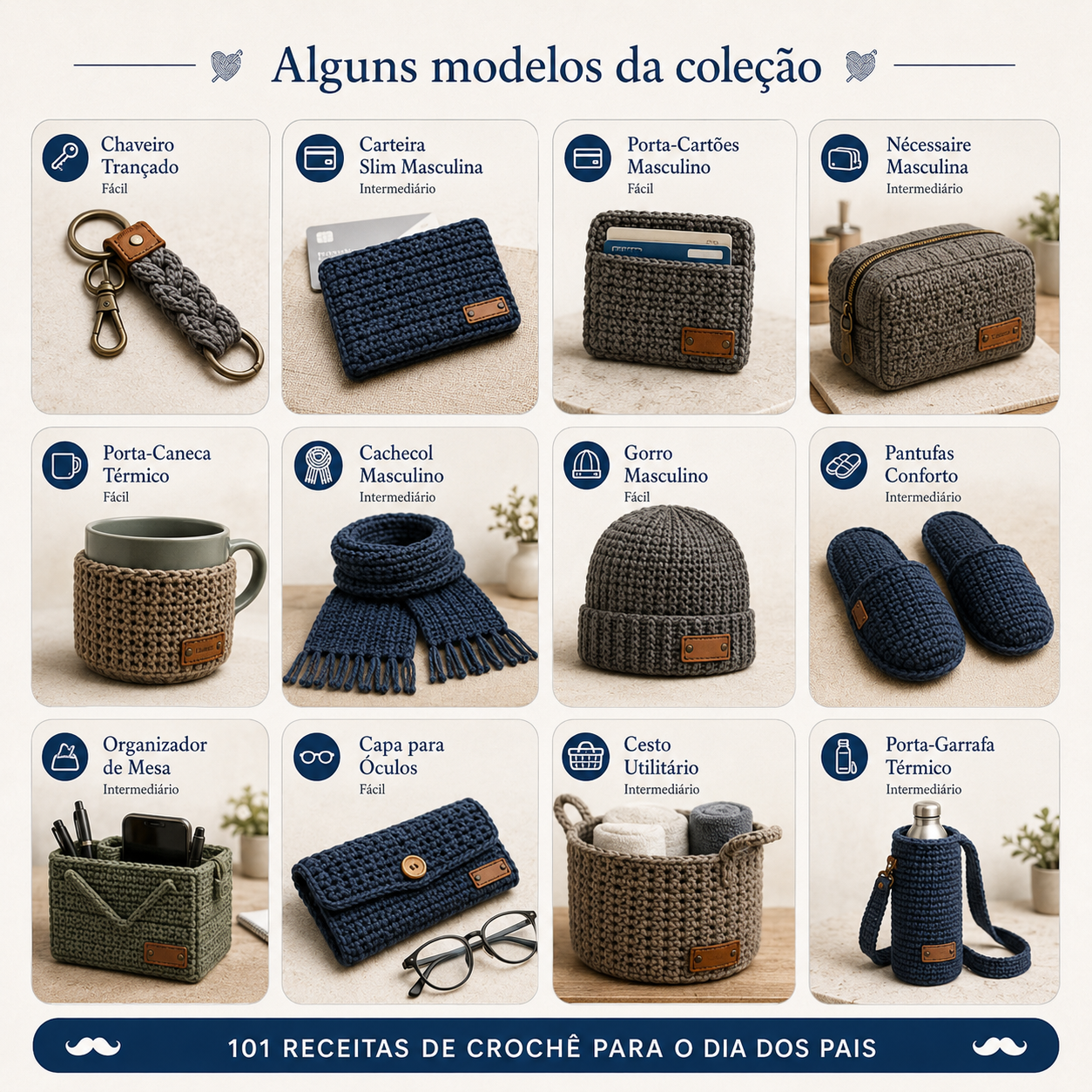 Mosaico com 20 a 30 modelos de chaveiros, carteiras, porta-cartões, nécessaires, capas, porta-canecas, pantufas, gorros, cachecóis, organizadores, itens para churrasco e outros presentes masculinos de crochê